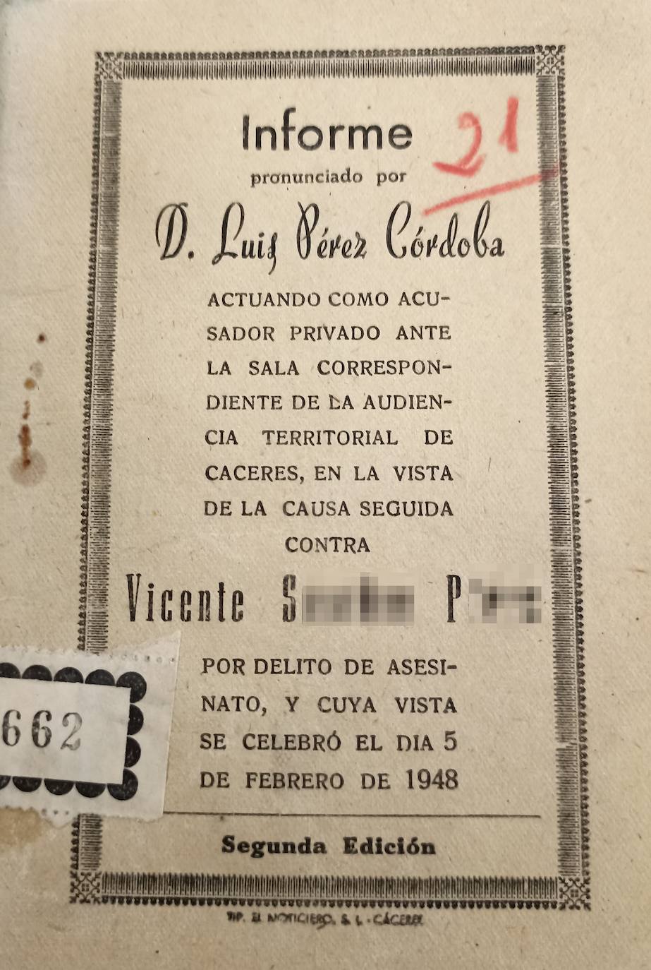 Cuadernillo con la intervención del letrado Luis Pérez Córdoba, en el juicio que se celebró el 5 de febrero de 1948.