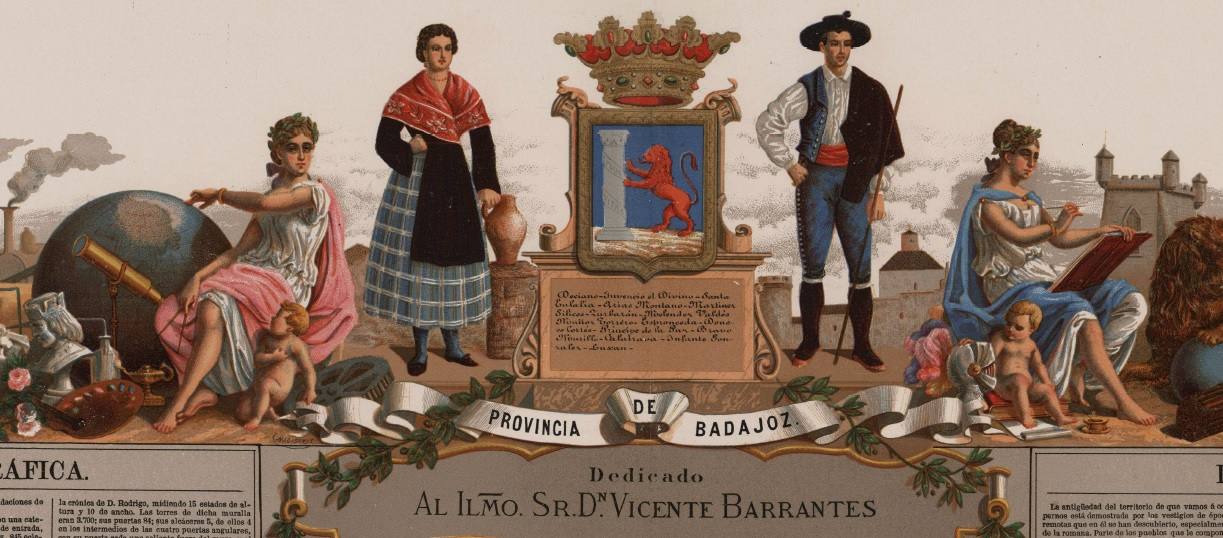 Hoja de la provincia de Badajoz del atlas de Boronat de 1875, dedicada a Vicente Barrantes.