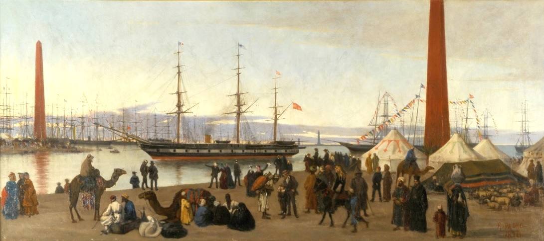 Ilustración de la inauguración del Canal en 1869, uniéndose las aguas del Mediterráneo con el Mar Rojo.