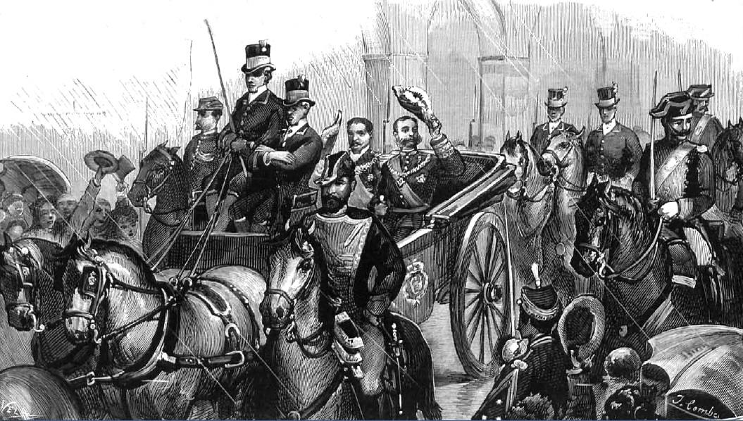 Los dos reyes en la Plaza Mayor de Cáceres el 8 de octubre de 1881.