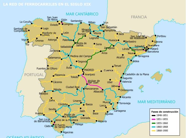 La red de Ferrocarriles en España en el siglo XIX. En el año 2012 el tren Lusitania dejó de hacer el trayecto directo Madrid-Lisboa pasando por Cáceres y Valencia de Alcántara.