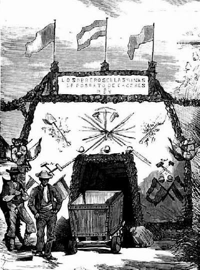 Entrada a una galería de las minas engalanada por la visita real.