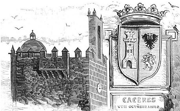 La 'Torre del Reloj' y el escudo de armas de Cáceres. 