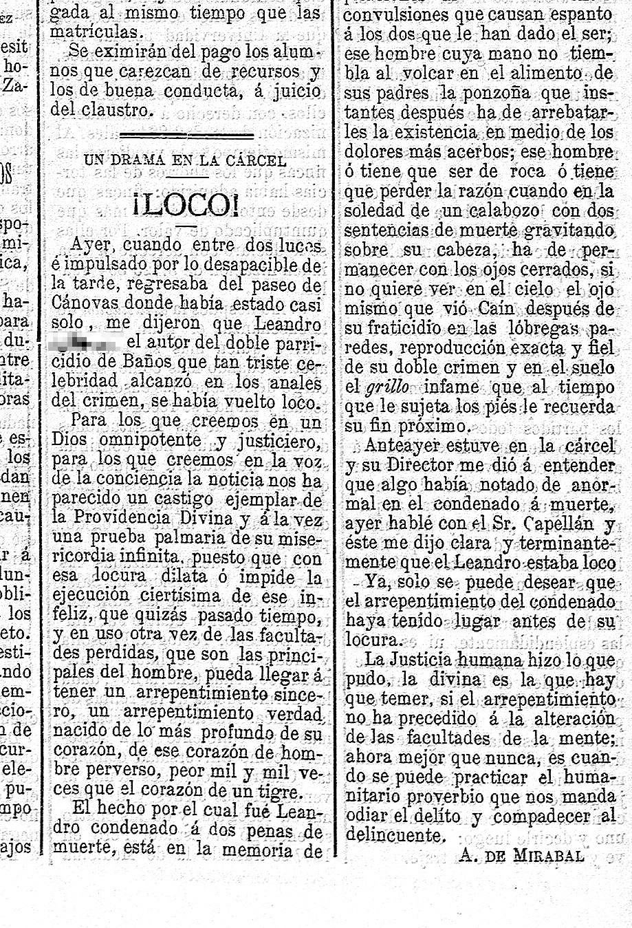 Artículo de Manuel Sánchez, publicado el 9 de noviembre de 1903 en el Diario de Cáceres con el seudónimo A. de Mirabal.