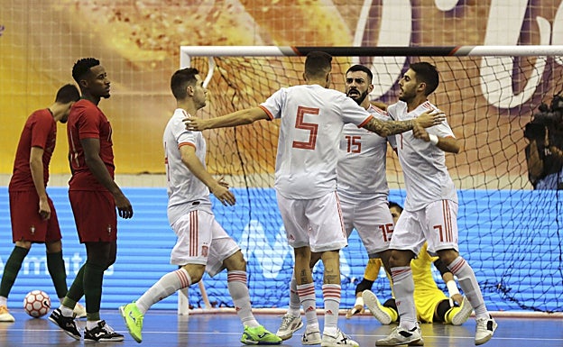 La selección de fútbol sala en un partido de preparación para el Campeonato del Mundo Lituania 2020. 