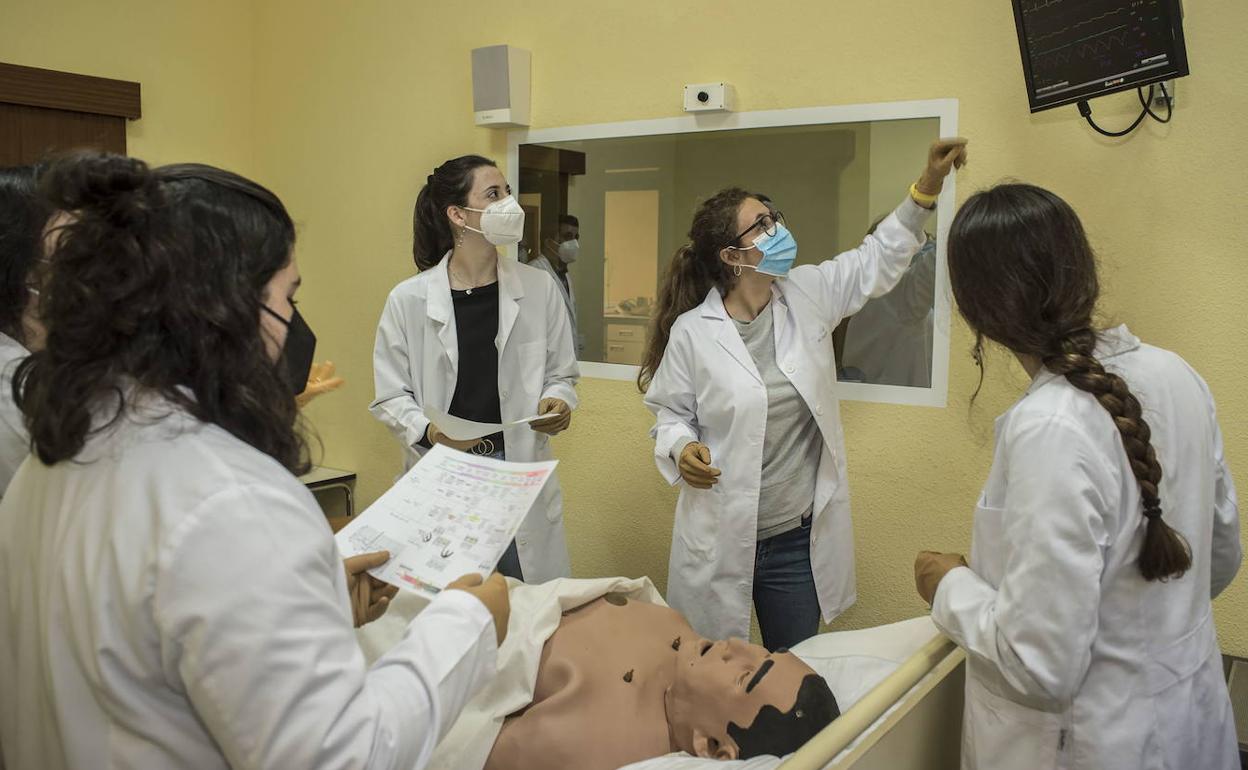 Estudiantes de la facultad de Medicina de la UEx, durante una clase práctica. 