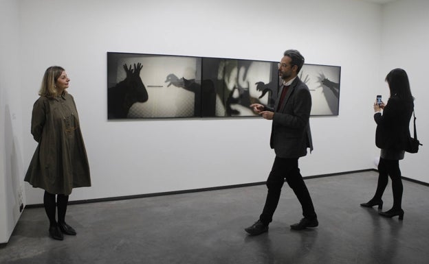 María Jesús Ávila, coordinadora del Museo Helga de Alvear junto a Chema González, comisario de la exposición, junto a la obra de Pep Agut. 