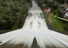 Presa de Villar del Rey esta mañana aliviando agua.