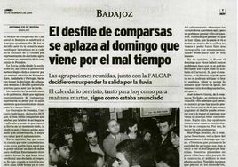 Recorte de HOY de 2004 cuando se aplazó el desfile de comparsas del Carnaval de Badajoz.