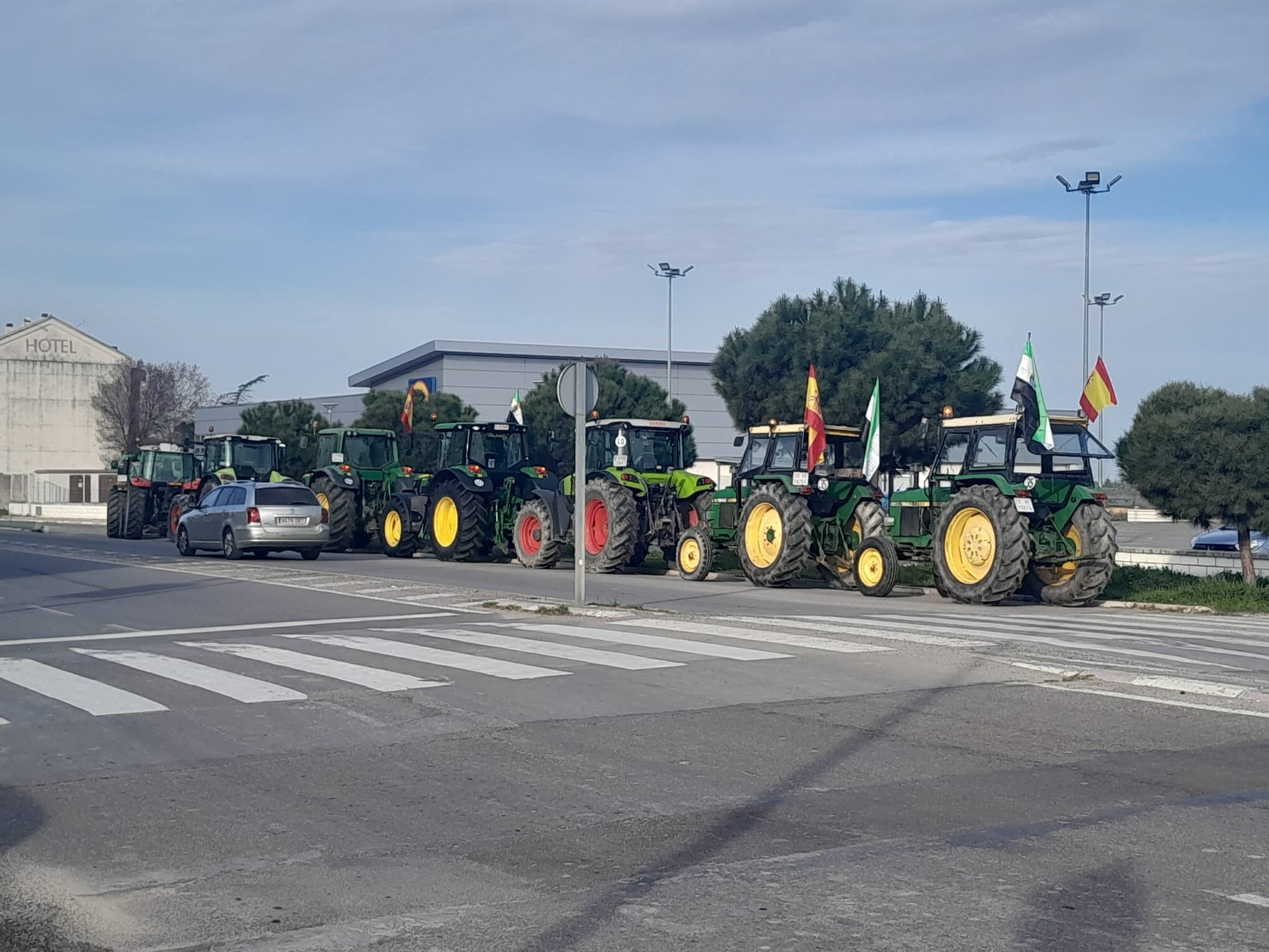 En Navalmoral de la Mata, tractores esperando para participar en una tractorada que partirá de Talayuela