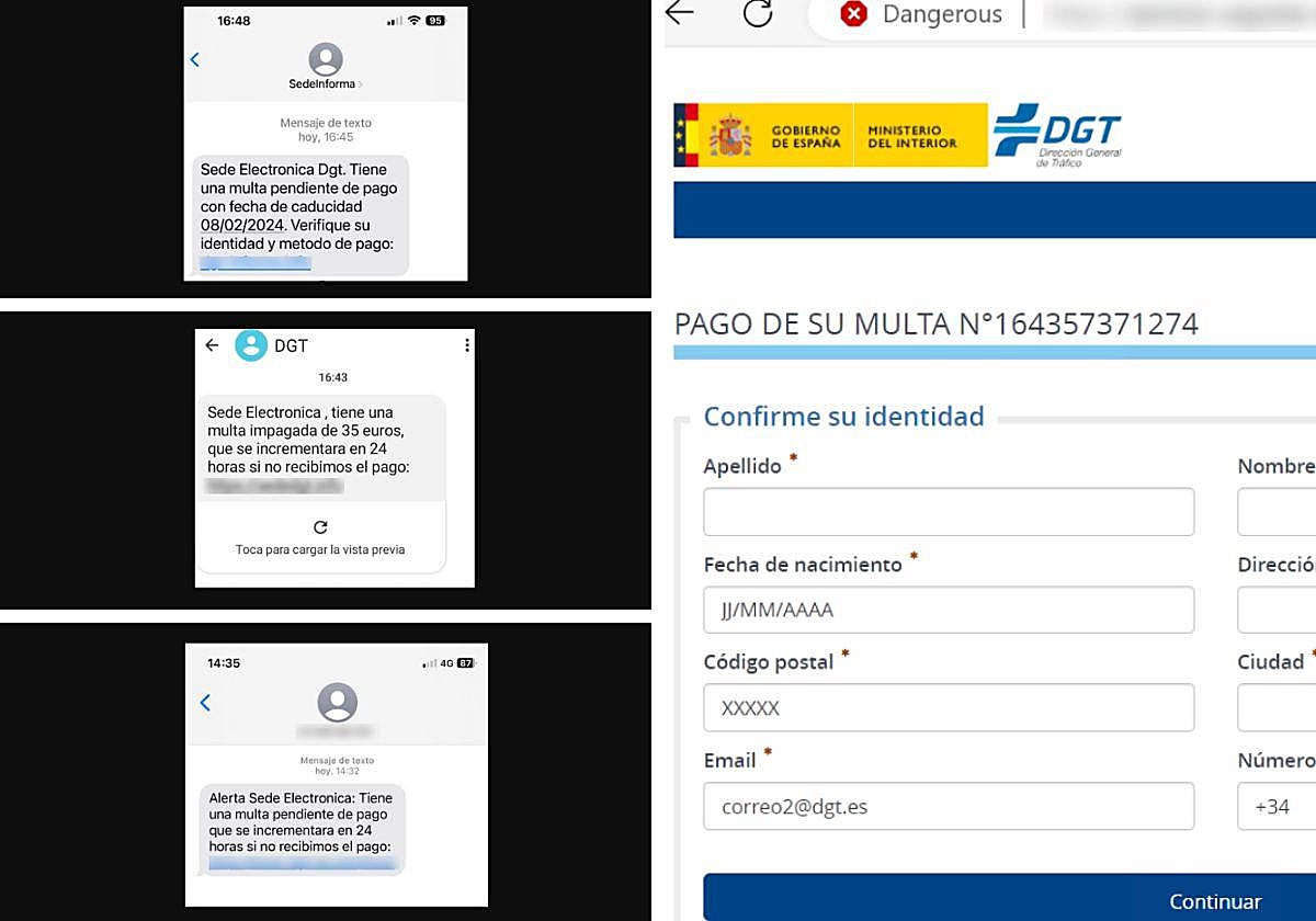 Algunos ejemplos del sms fraudulento y la página web a la que te redirige si accedes al enlace