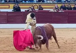 El Mella torea a la derecha a su primer toro de La Cercada en Olivenza.