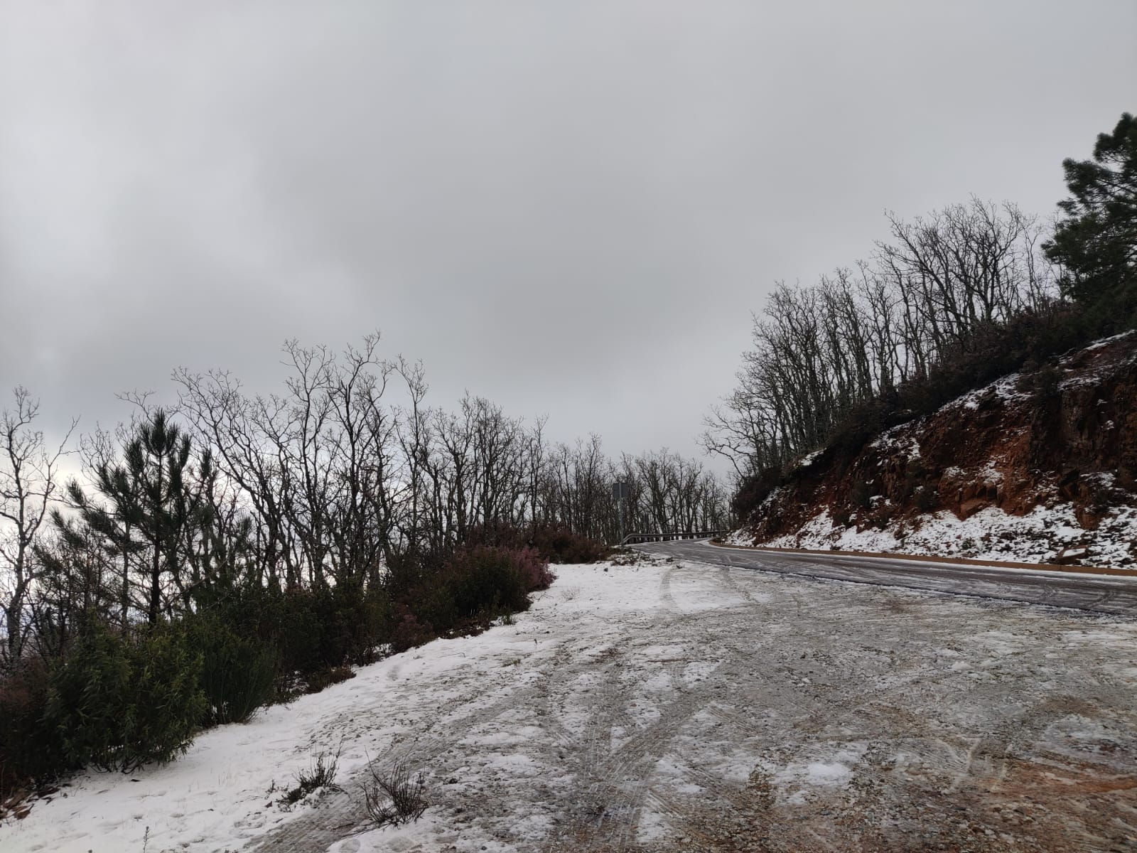 La carretera CC-437, por la que se accede al Pico Villuercas, ha sido cortada por la nieve.