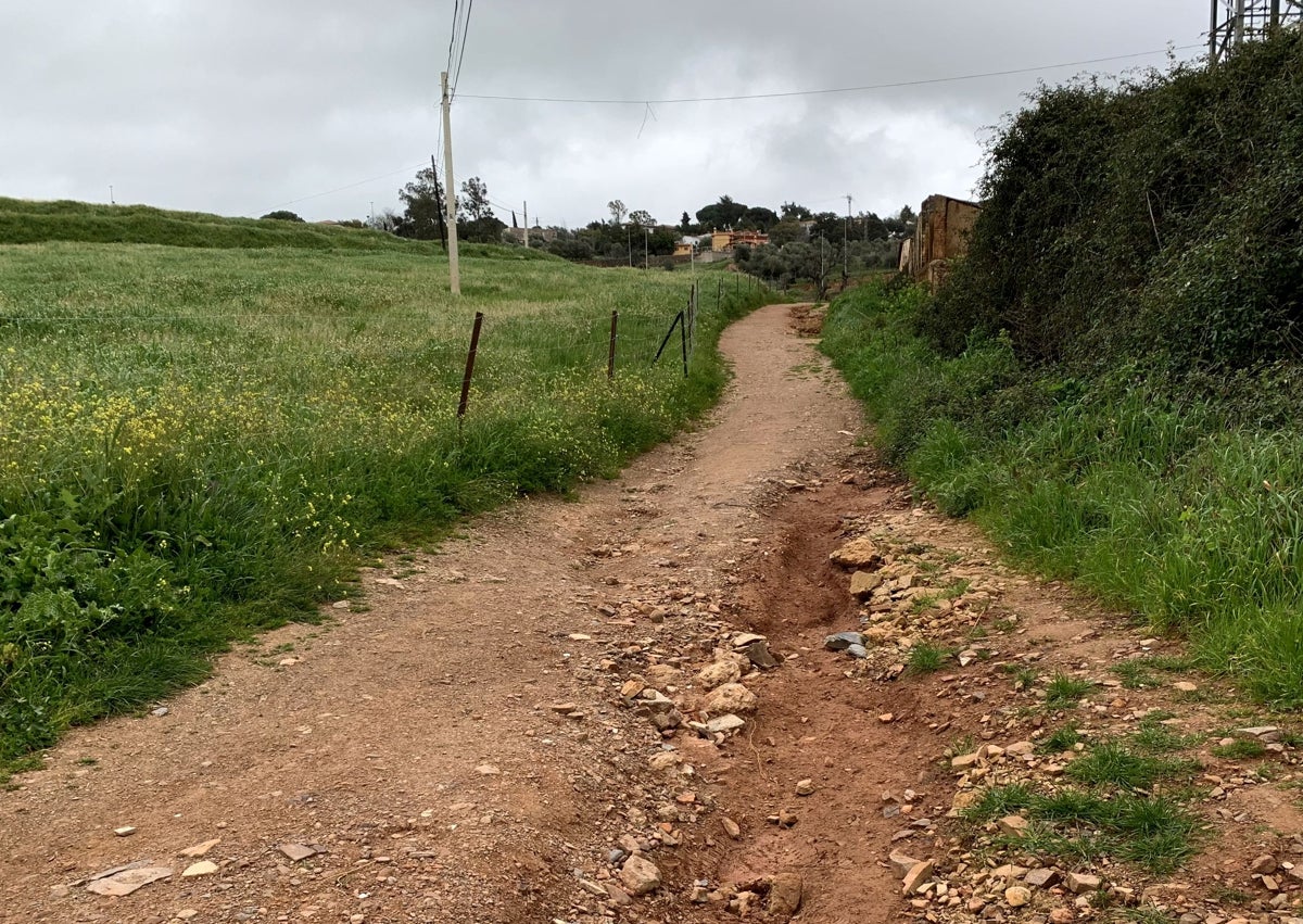 Imagen secundaria 1 - Arriba, callejón de la Gula, en la parte próxima al hospital San Pedro de Alcántara. Se quiere sustituir el hormigón por madera. En la imagen inferior, detalle del socavón que genera riesgos para los paseantes. Amigos de la Ribera advierte del efecto tapón del hormigón. En la fotografía del centro, erosión en un camino por el efecto de la deficiente ejecución de la obra de la Ronda Sureste y por lo que el colectivo ambiental pide un canal de desagüe.