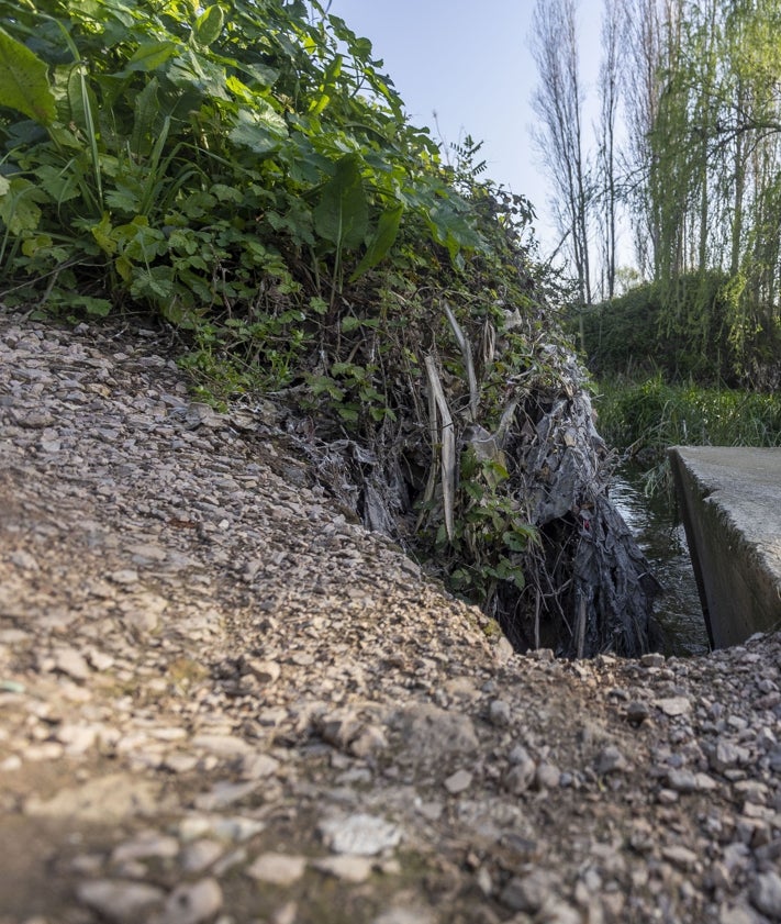 Imagen secundaria 2 - Arriba, callejón de la Gula, en la parte próxima al hospital San Pedro de Alcántara. Se quiere sustituir el hormigón por madera. En la imagen inferior, detalle del socavón que genera riesgos para los paseantes. Amigos de la Ribera advierte del efecto tapón del hormigón. En la fotografía del centro, erosión en un camino por el efecto de la deficiente ejecución de la obra de la Ronda Sureste y por lo que el colectivo ambiental pide un canal de desagüe.