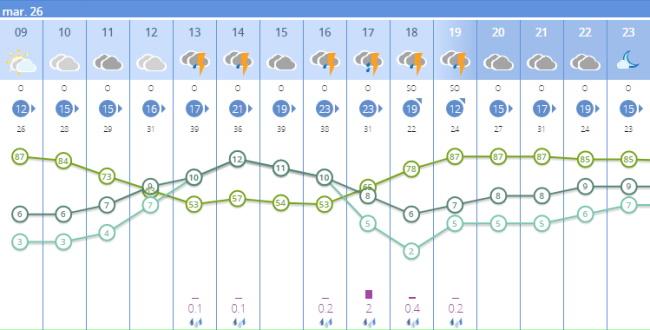 Previsión por horas de la Agencia Estatal de Meteorología para Plasencia.