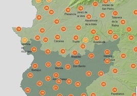 Previsión de máximas a las 16:00 horas del martes.