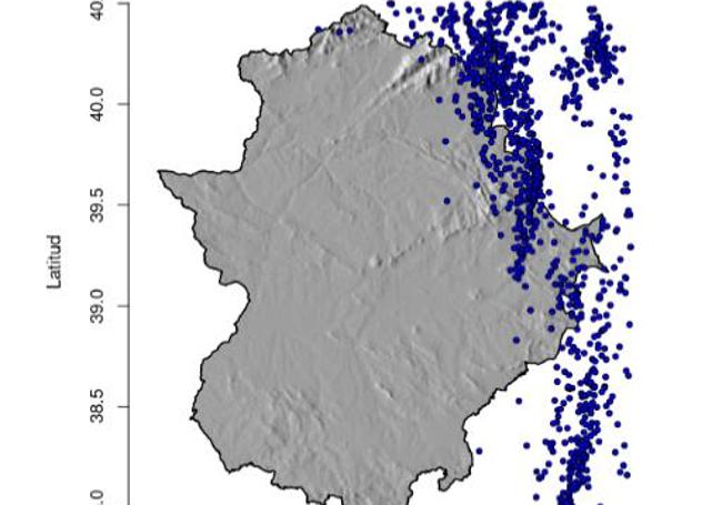 Mapa de las descargas eléctricas registradas 26-jun en nuestra región, todas en el borde oriental.