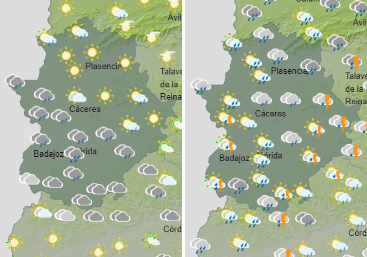 Previsión de la Agencia Estatal de Meteorología para este jueves a mediodía (izquierda) y para el viernes de 6.00 a 12.00 horas.