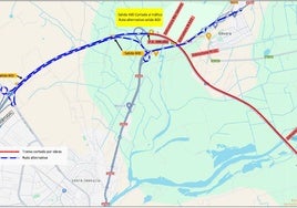 En rojo, el tramo afectado por las obras que se van a desarrollar este mes. En azul, la ruta alternativa para que la circulación en sentido Portugal enlace con la carretera de Cáceres.