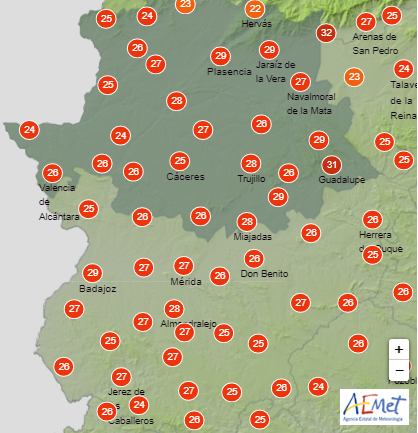 Temperaturas en Extremadura a las 3.00 horas del viernes