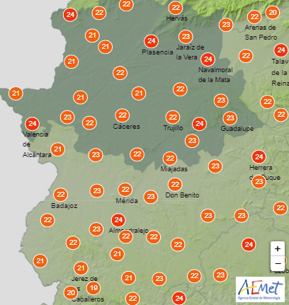 Temperaturas en Extremadura a las 7.00 horas del viernes