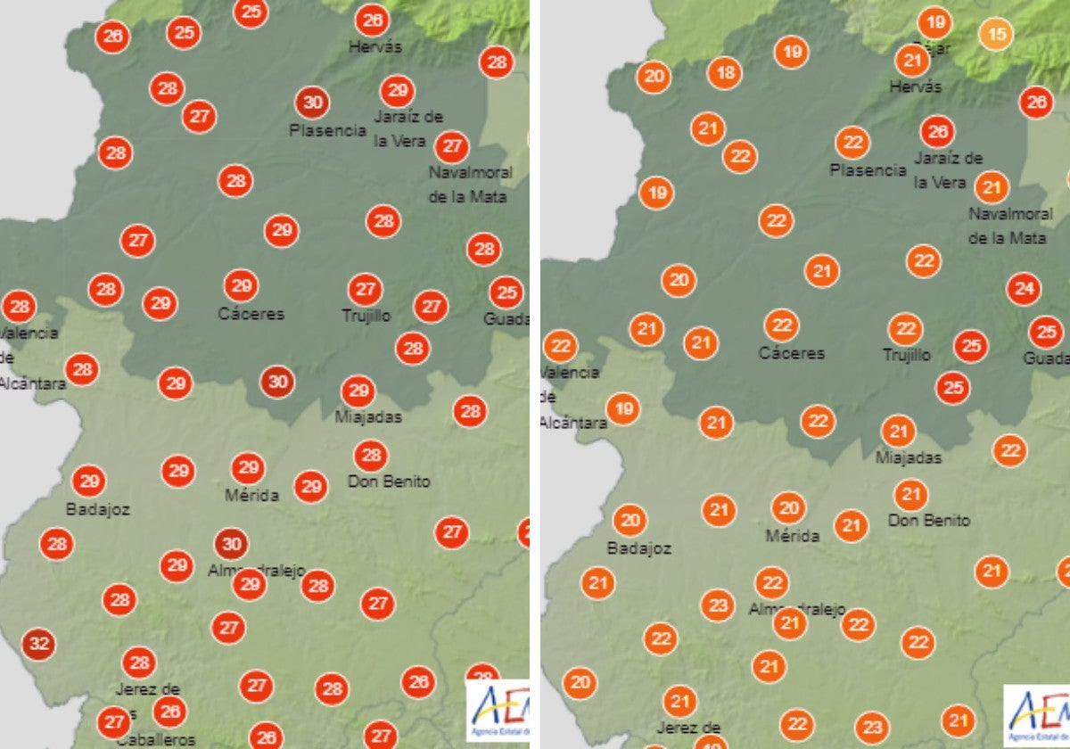 Evolución de las temperaturas en Extremadura este jueves entre las 12.00 y las 15.00 horas.