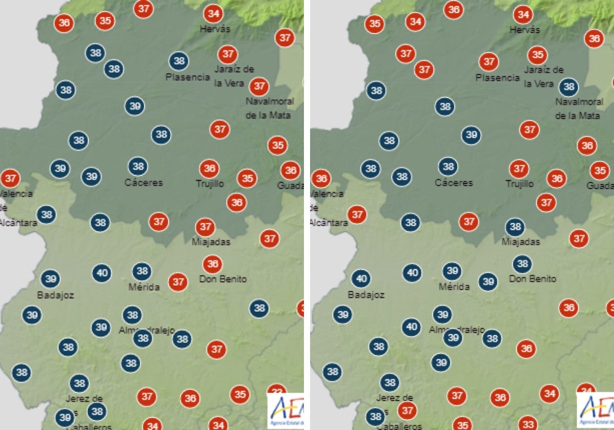 Evolución de las temperaturas en Extremadura este jueves entre las 12.00 y las 15.00 horas.