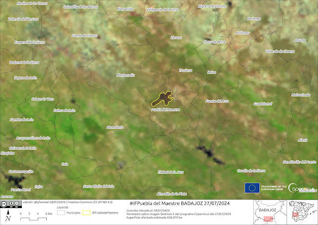 Perímetro sobre imagen Sentinel-3 de Copernicus del día 27/07/2024