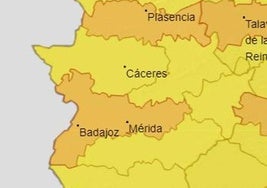 Mapa de alerta por altas temperaturas para este lunes en Extremadura.