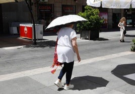 Una persona pasea con un paraguas para protegerse del sol.