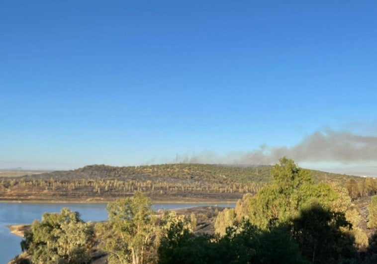 Columna de humo en una zona arrasada por el fuego en el entorno natural de Alange.