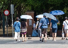 Personas caminando por la calle protegidos del sol con paraguas.