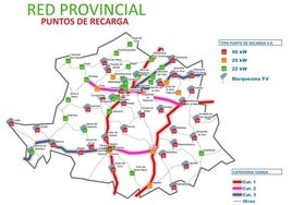 Mapa con la ubicación de los puntos de recarga de la red provincial facilitado por la Diputación de Cáceres.