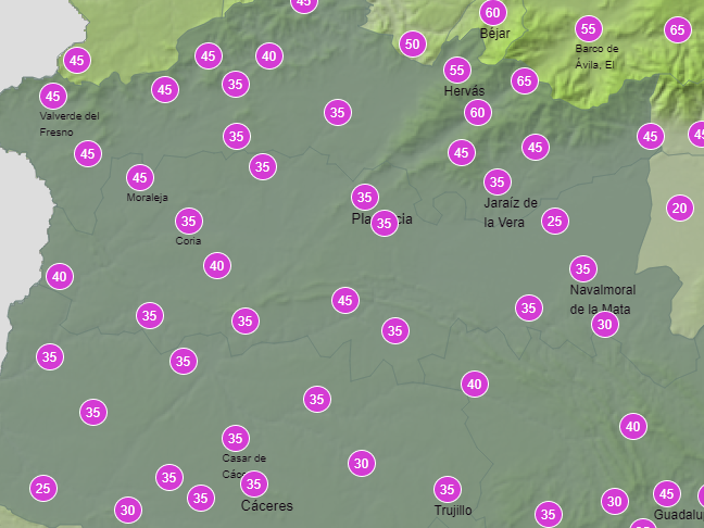 Mapa de probabilidad de precipitación en la provincia de Cáceres.