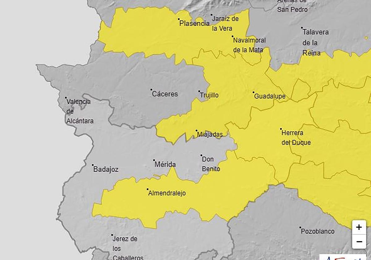 Cuatro comarcas extremeñas activarán este jueves el aviso amarillo por lluvias