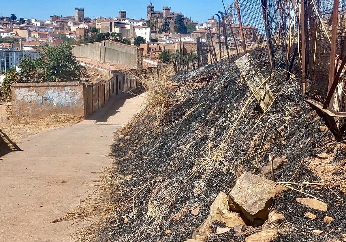 Zona quemada, con las casas a pocos metros y la ciudad monumental al fondo.