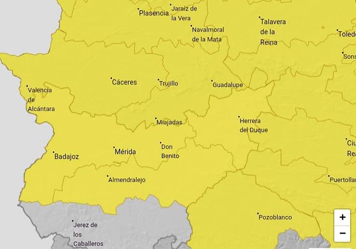 Mapa del aviso amarillo por lluvias y tormentas.