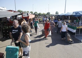 Puestos de venta en el mercadillo de Cáceres.