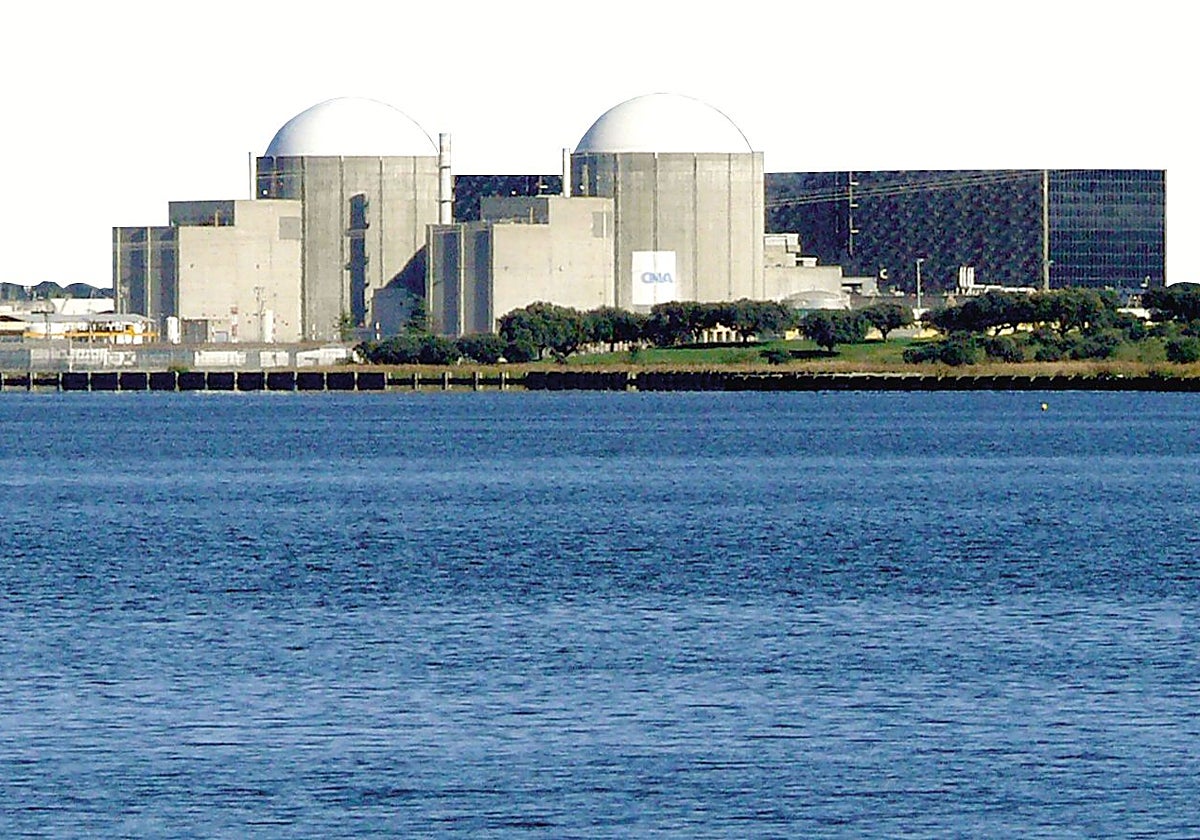 Embalse de Arrocampo, y al fondo, la central nuclear de Almaraz.