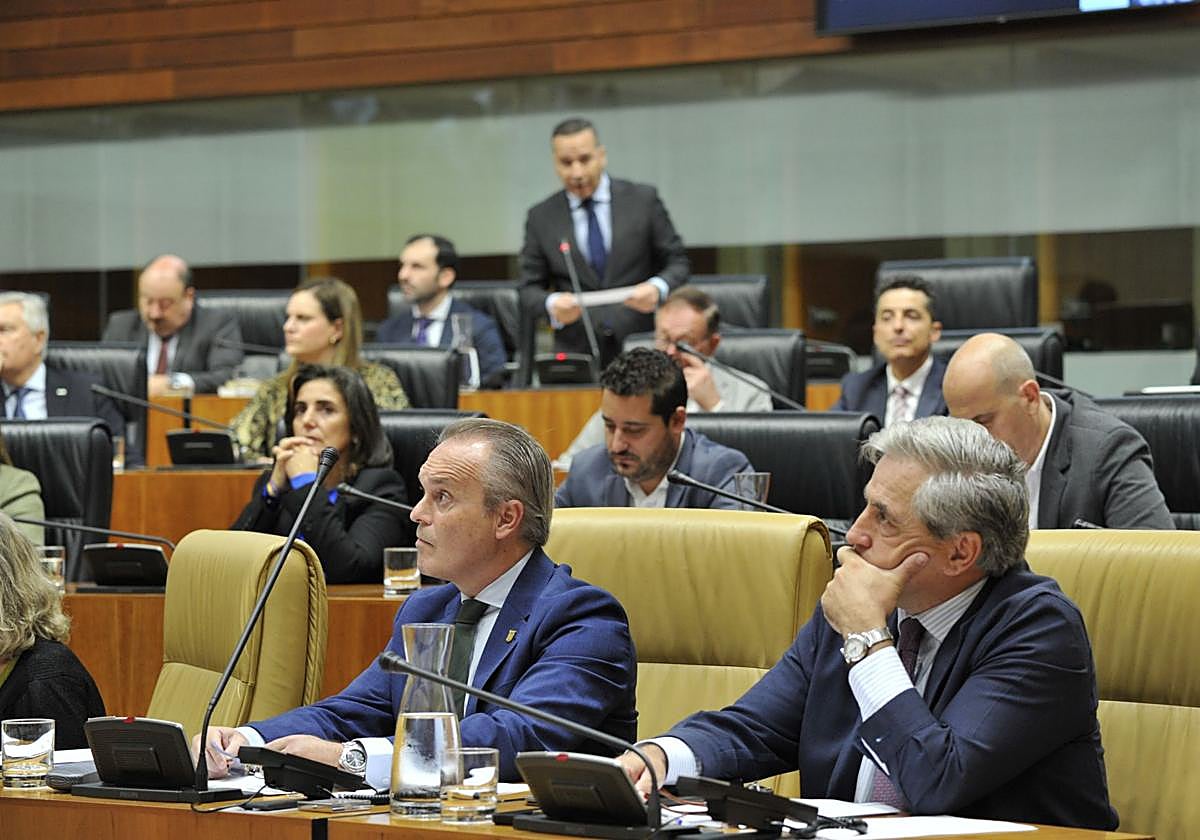 El consejero de Infraestructuras, Transporte y Vivienda, Manuel Martín Castizo, durante el pleno, junto al titular de Gestión Forestal y Mundo Rural, Ignacio Higuerro.