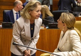 Mercedes Vaquera, esta mañana en el pleno ordinario de la Asamblea de Extremadura, hablando con María Guardiola.