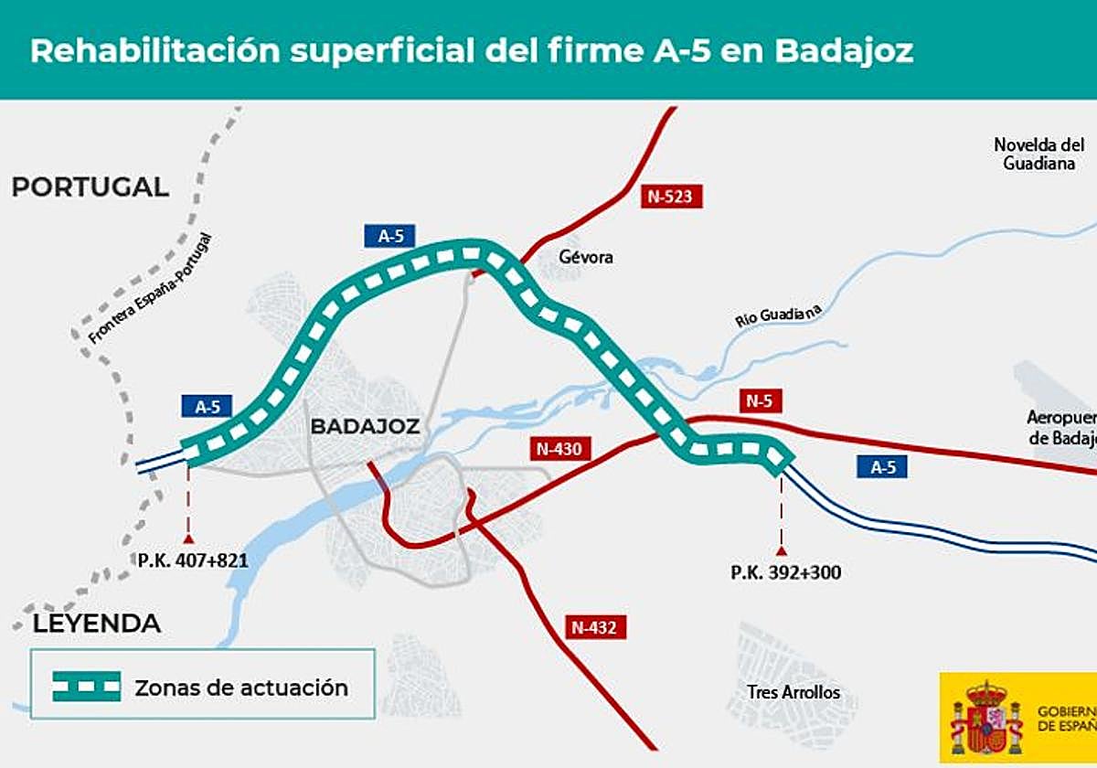 Rehabilitación superficial del firme A-5 en Badajoz.