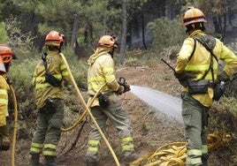 Bomberos del plan Infoex actuando en un incendio forestal en Extremadura.