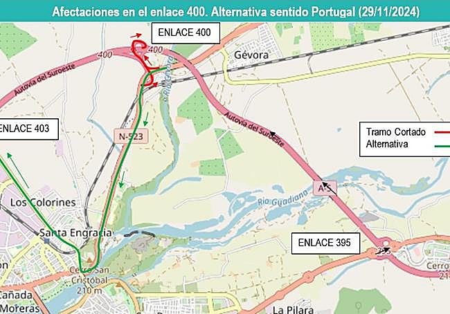 Cortes de tráfico y rutas alternativas a partir del viernes en la circulación en sentido Portugal. El tramo afectado es a la altura de la conexión con la carretera de Cáceres.