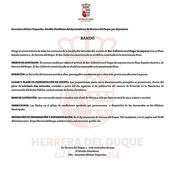 Herrera del Duque abre licitación para el servicio del Bar-Cafetería en el Hogar de Mayores