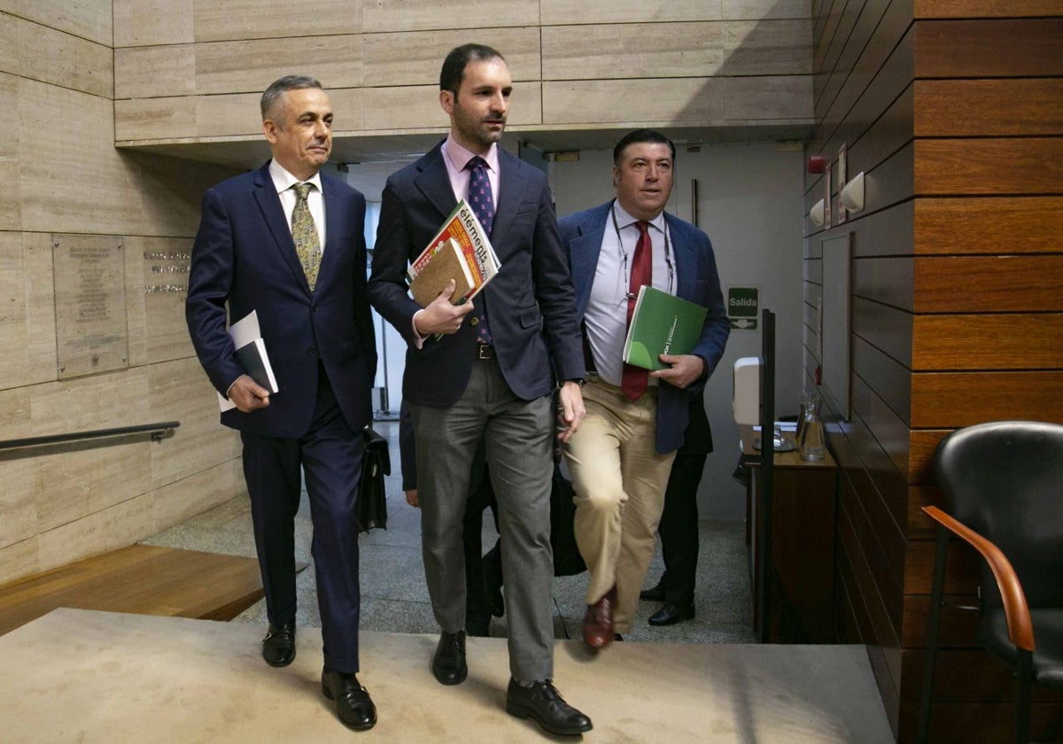 Ángel Pelayo Gordillo, de Vox, accede al pleno de este jueves junto a los diputados de su grupo Álvaro Sánchez-Ocaña y Javier Bravo.