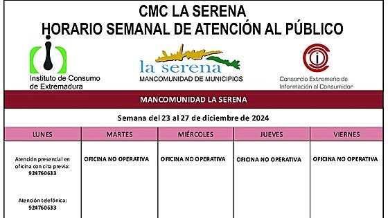 Horario semanal de Atención al público de CMC La Serena