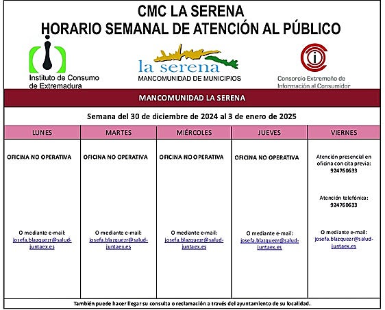 Horario semanal de Atención al público de CMC La Serena