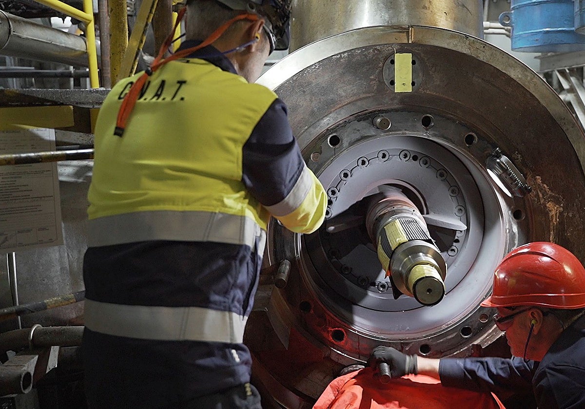 Dos operarios de Almaraz-Trilla trabajando en la central extremeña.